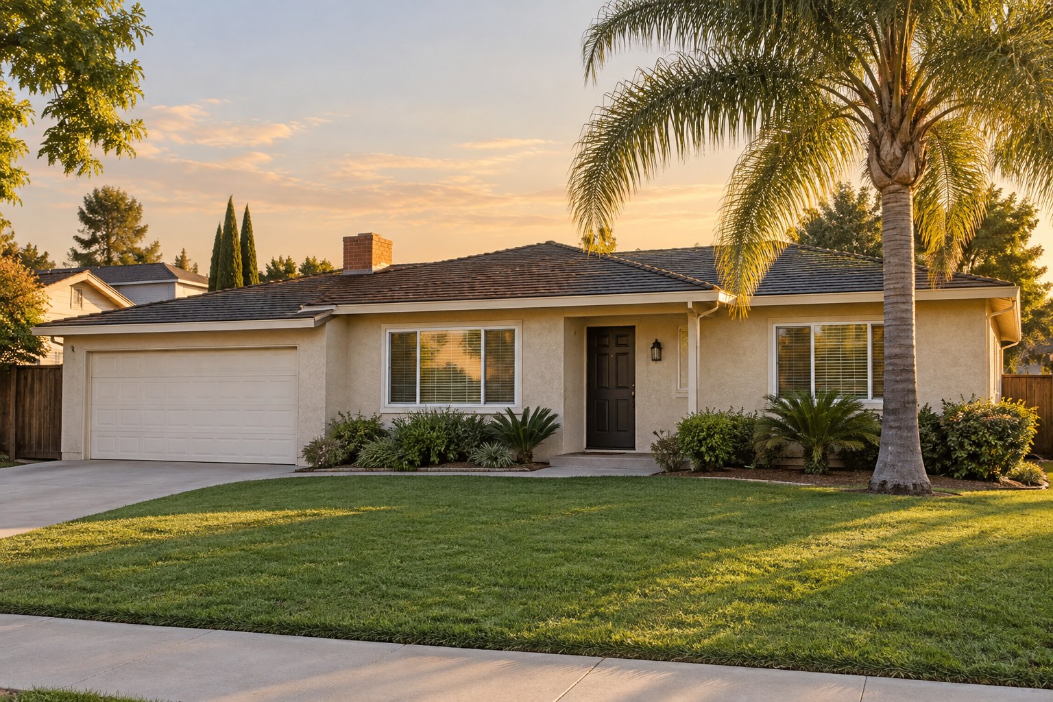 A California stucco home with palms in warm evening light